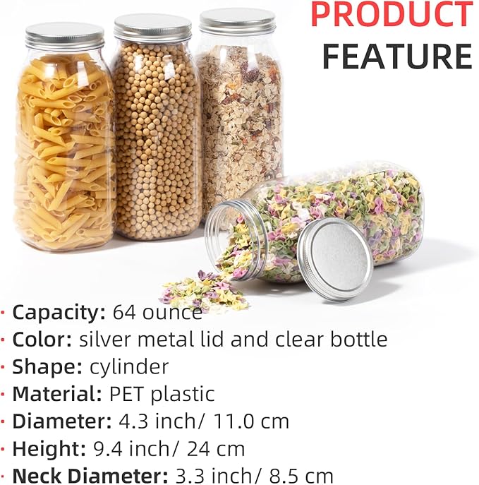 64 Ounce Clear Plastic Mason Jars With Screw On Lid, Reusable Empty Jars for Food Storage, BPA Free Containers for Sealing, Dry Food, Snacks, Candies, Breakage-proof, (Silver - 4 Pack)