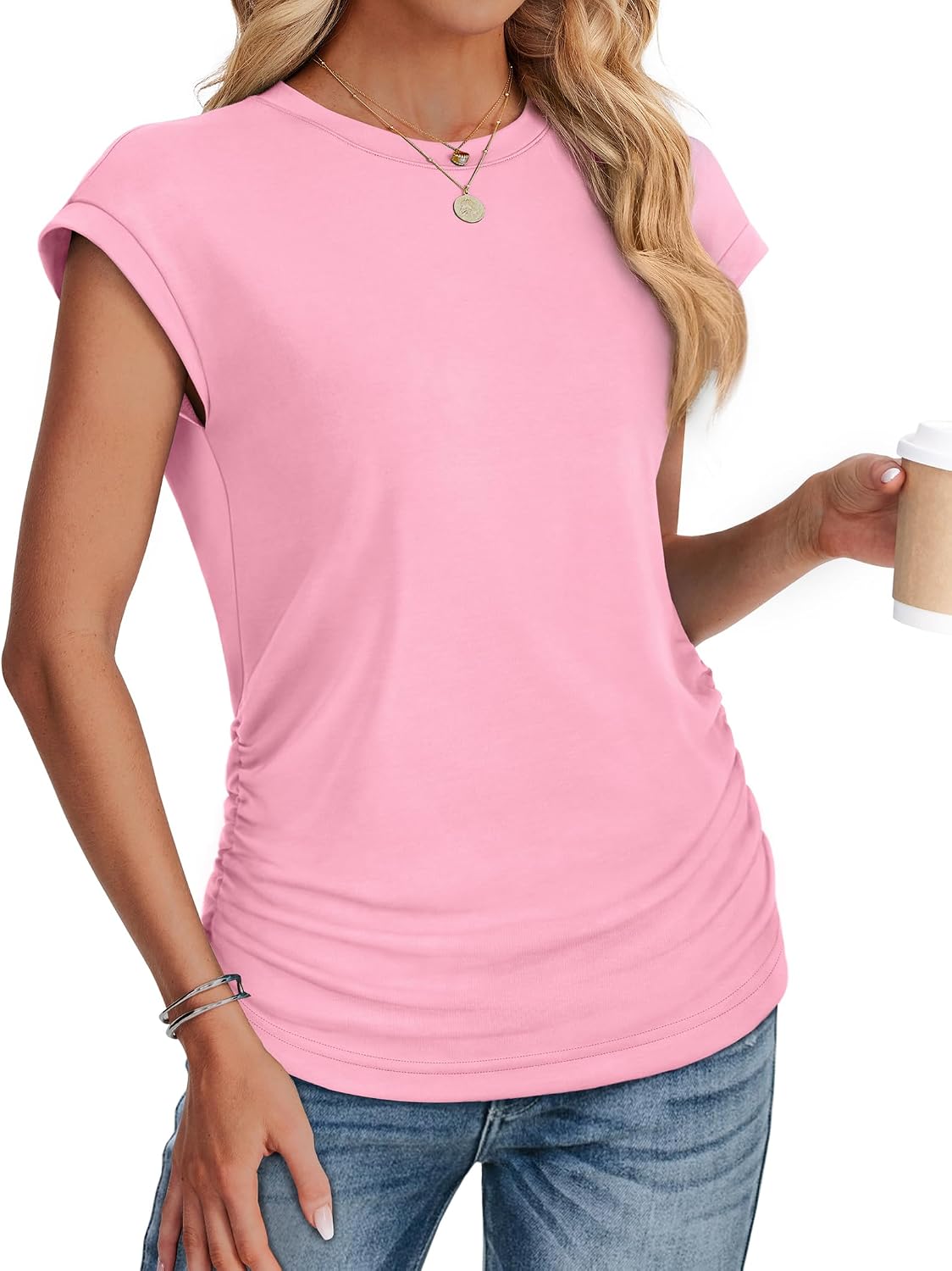 SAMPEEL Womens Summer Tops Trendy 2025 Ruched Cap Short Sleeve Tshirts Shirts Crew Neck T Shirts Fashion