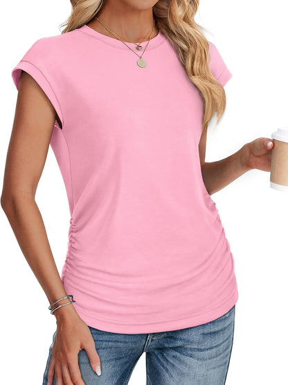 SAMPEEL Womens Summer Tops Trendy 2025 Ruched Cap Short Sleeve Tshirts Shirts Crew Neck T Shirts Fashion