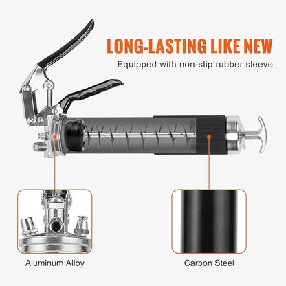 VEVOR Grease Gun, 6000 PSI Heavy Duty Pistol Grip Grease Gun, Grease Gun Kit with 14 oz Load, 17.72 Inch Flexible Hose, 1 Flat Couplers, 1 Pointed Coupler, and 1 Bent Metal Pipe