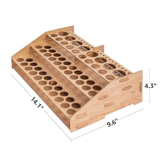 Basics Craft Paint  Brush Organizer Rack, Holds up to 60 Bottles (52 1-inch and 8 1.47-inch) and 22 brushes - 14 x 8 Inches, Wood Finish, Light brown, 14.1 x 9.6 x 4.3