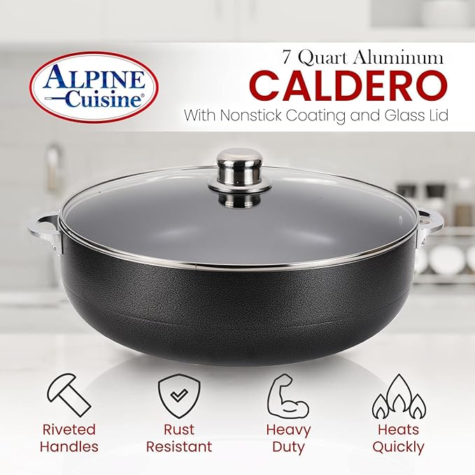 Alpine Cuisine 7 Quart Nonstick Cauldron with Glass Lid Multipurpose Aluminum Dutch Oven for Stewing - Boiling - Stewing Non-stick Coating with Black Finish