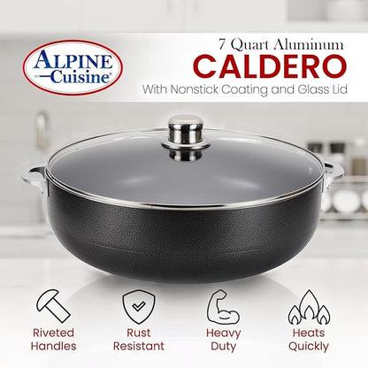 Alpine Cuisine 7 Quart Nonstick Cauldron with Glass Lid Multipurpose Aluminum Dutch Oven for Stewing - Boiling - Stewing Non-stick Coating with Black Finish