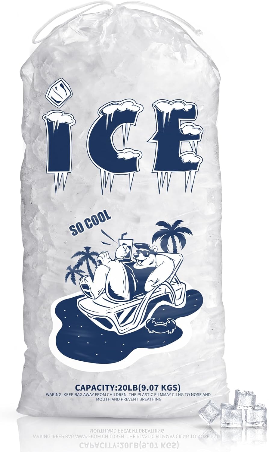 50 Pack Ice Bags 20 lb, Heavy-Duty Ice Bags with Drawstring, Portable Ice Cube Storage and Freezer Keeper (2 Mils Thickness)