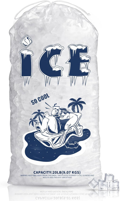 50 Pack Ice Bags 20 lb, Heavy-Duty Ice Bags with Drawstring, Portable Ice Cube Storage and Freezer Keeper (2 Mils Thickness)