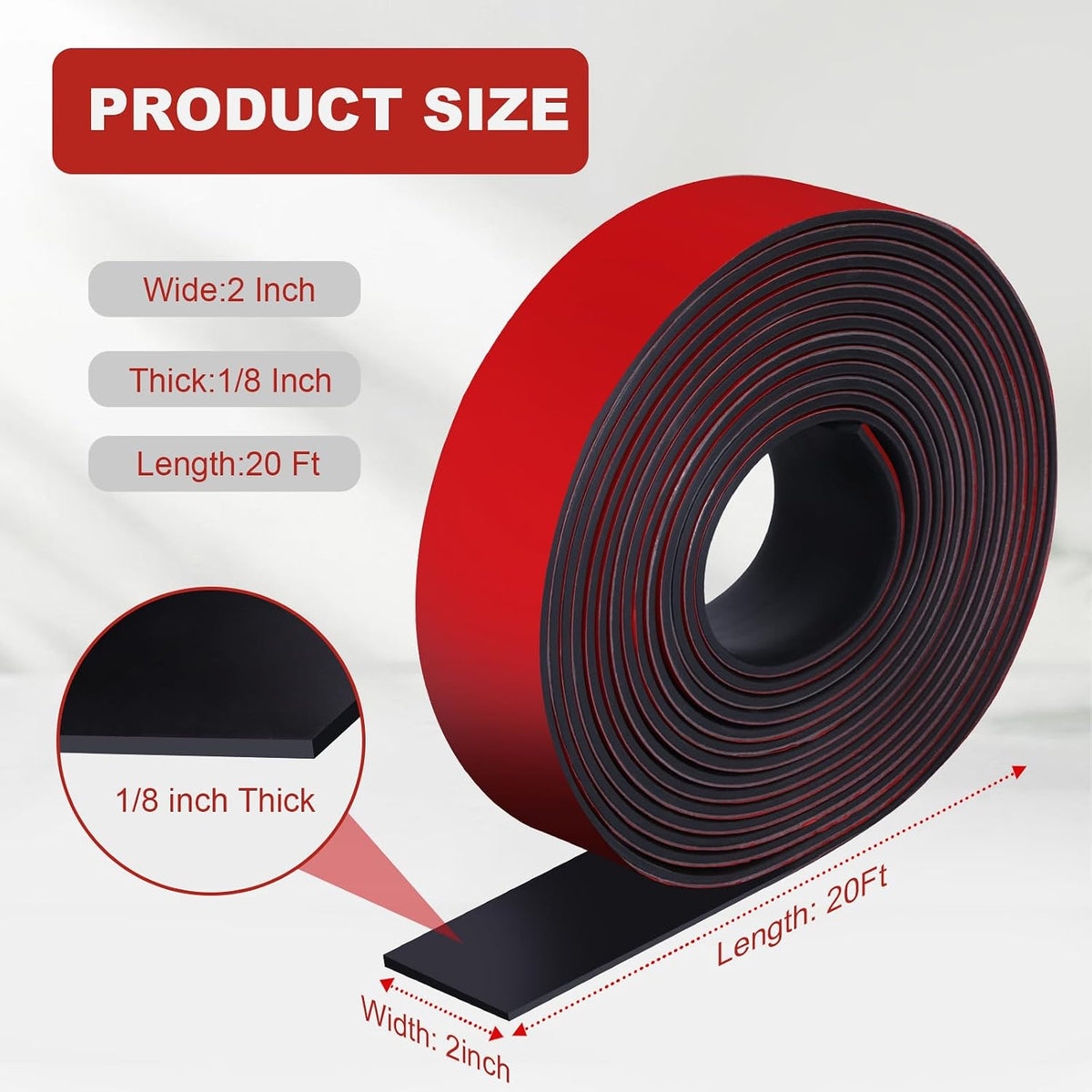 Rubber Strips with Adhesive Backing, 2" W x 1/8" T x 20' L Solid Neoprene Rubber Sheets, Rolls & Strips for DIY Warehouse Flooring, Gasket, Pads, Padding, Matting, Crafts Protection