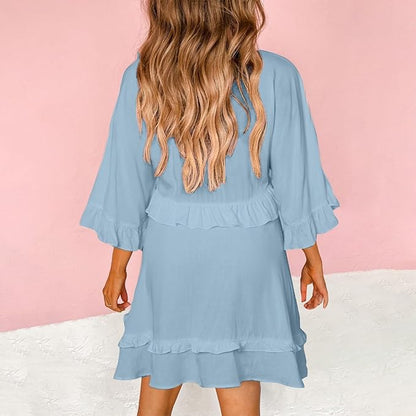 Womens 2024 Summer V-Neck Ruffle Loose Short Sleeve Mini Dress A Line Swing Mini Beach Vacation Sundress