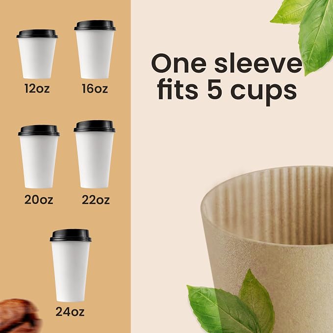 Sleeves Coffee 200 Pcs Corrugated Brown Kraft Paper Cups Sleeves Fit 12oz, 16oz, 20oz, 22oz & 24oz Cups Recyclable & Disposable Perfect for Hot Drinks in Cafes & Offices (PACK OF 200)