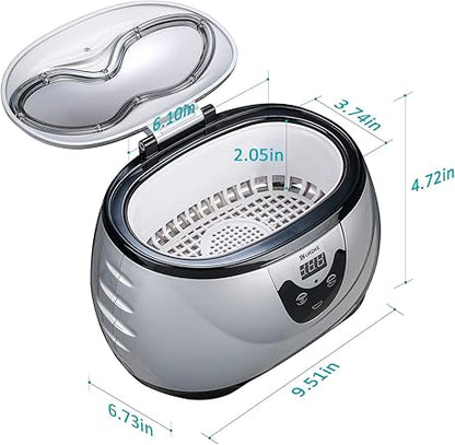 UKOKE 3800S Professional Ultrasonic Jewelry Cleaner Machine, 0.6L Portable Household Timer Device for Eyeglasses, Dentures, Watches, Rings  Silver, Fast Deep Cleaning for Small Accessories
