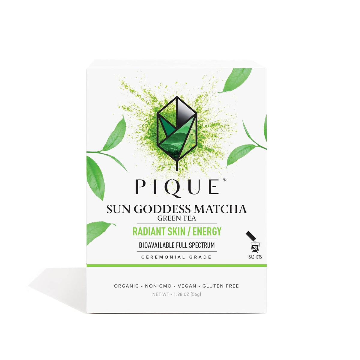 Pique Organic Sun Goddess Matcha - Ceremonial Grade Matcha Green Tea Powder, Supports Radiant Skin, Calm Energy - 28 Single Serve Sticks (Pack of 1) Net WT 1.97