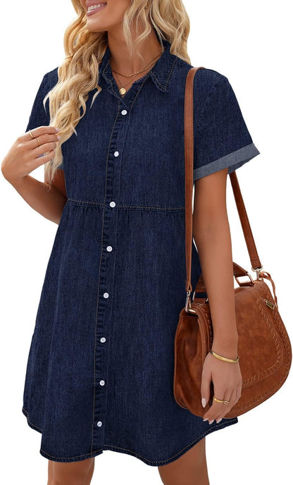 LookbookStore Women's Short Sleeve Button Down Flowy Tiered Babydoll Denim Dress