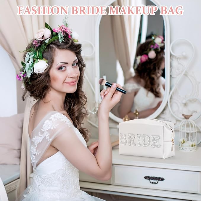 Etercycle Bride Letter Makeup Bag, Bride To Be Gifts Bling Pearl Rhinestone Patch Cosmetic Bag, Waterproof PU Travel Toiletry Bag for Bachelorette Party Women Wedding Bridal (Silver)