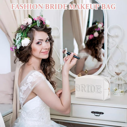 Etercycle Bride Letter Makeup Bag, Bride To Be Gifts Bling Pearl Rhinestone Patch Cosmetic Bag, Waterproof PU Travel Toiletry Bag for Bachelorette Party Women Wedding Bridal (Silver)