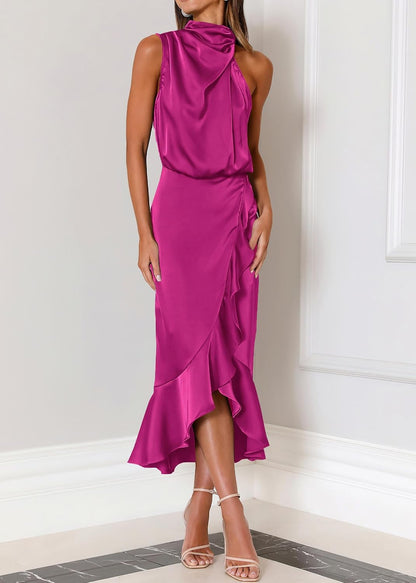 KIRUNDO Women 2026 Spring Summer Satin Mock Neck Wedding Guest Party Cocktail Midi Dress Sleeveless Wrap Ruffle Formal Dress