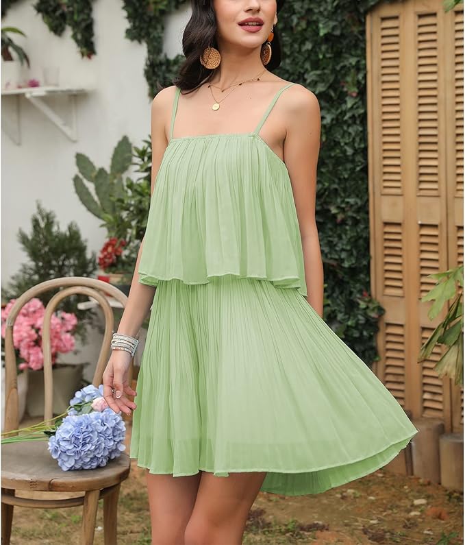 EXLURA Womens 2025 Summer Romper Dress Spaghetti Strap Pleated Beach Vacation Outfit Fashion Cruise Short Jumpsuit Outfits
