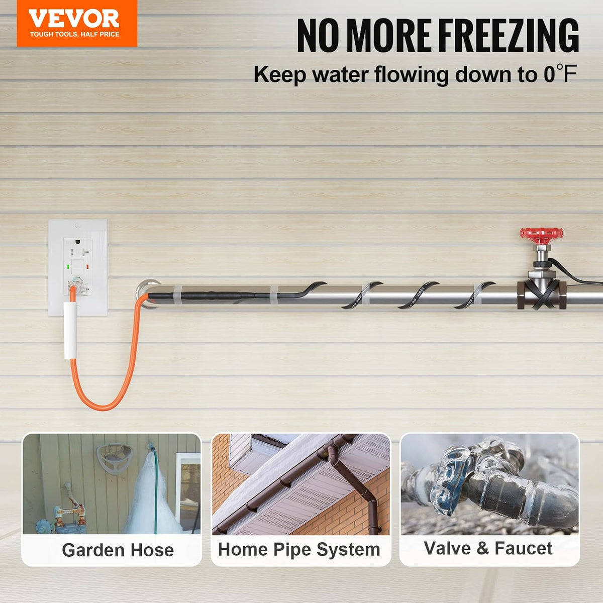 VEVOR Self-Regulating Pipe Heating Cable, 12FT 5W/FT Heat Tape for Pipes Freeze Protection, Water Pipe Heat Cable with Built-in Thermostat Protects PVC Hose, Metal and Plastic Pipe from Freezing