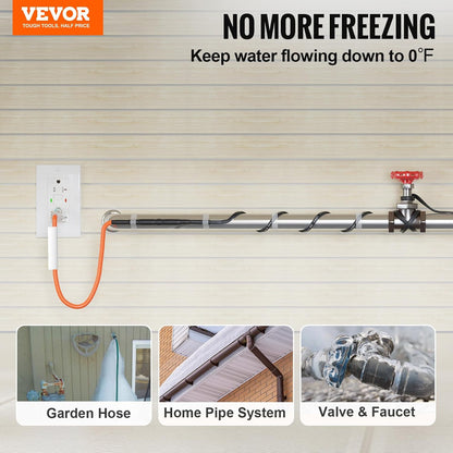 VEVOR Self-Regulating Pipe Heating Cable, 12FT 5W/FT Heat Tape for Pipes Freeze Protection, Water Pipe Heat Cable with Built-in Thermostat Protects PVC Hose, Metal and Plastic Pipe from Freezing