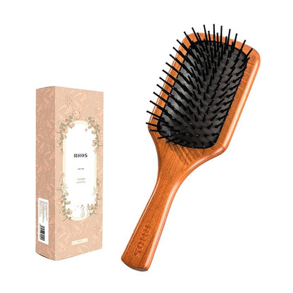 RHOS Wooden Paddle Brush With Nylon Bristles - Cushion Square Design for Detangling and Massaging All Hair Types (Men & Women)