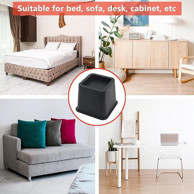 4 Pack Bed Risers 3 inch Furniture Risers, Heavy Duty Bed Lifts Risers for Table, Sofa, Chair, Couch, Desk, Bed Frame Risers Supports Up to 1,500 Lbs Black