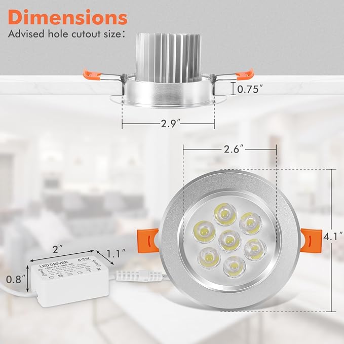 LemonBest 110V Not Dimmable 7W LED Ceiling Light Downlight Recessed Lighting, Superbright Cool White (2)