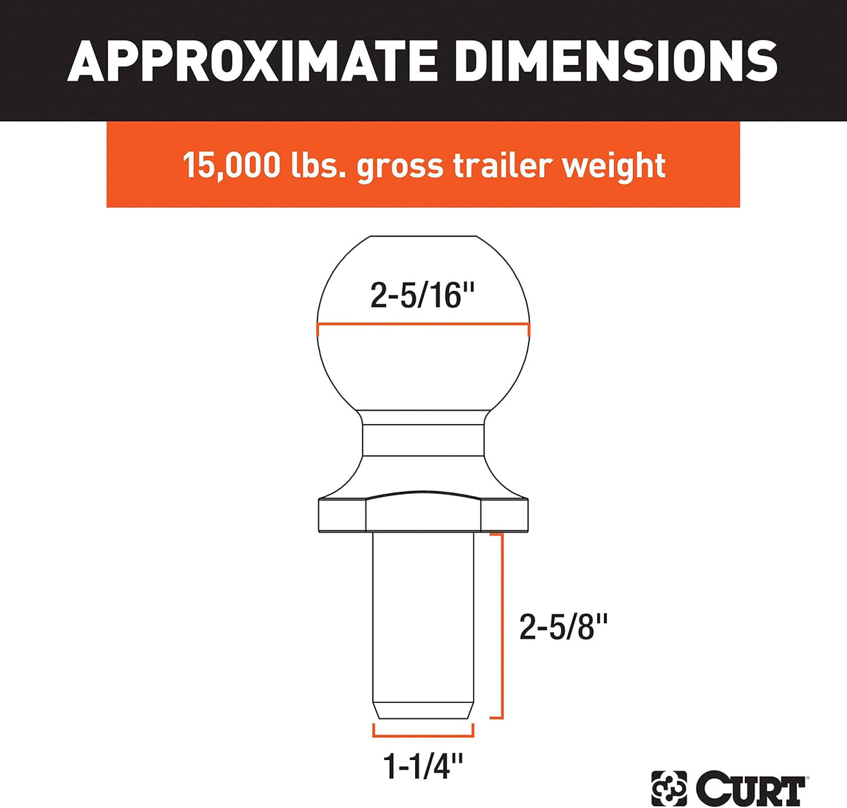 CURT 40078 2-5/16-Inch Chrome Trailer Hitch Ball, 15,000 lbs, 1-1/4 x 2-5/8-Inch Shank
