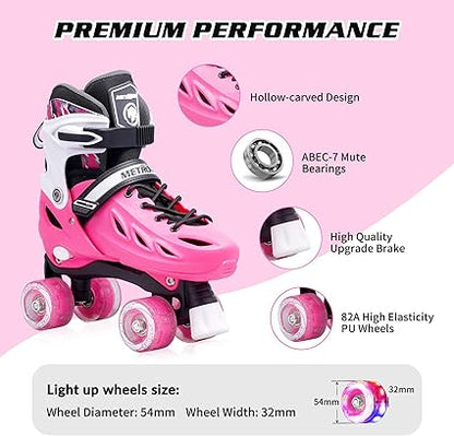 METROLLER Roller Skates for Girls Ages 5-8 8-12 and Boys Teens, Adjustable 4 Sizes for Kids Toddler Rollerskates with Light up Wheels, for Youth Women and Men