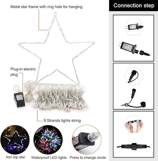 (New) Christmas Decorations Star Lights, Waterfall Christmas String Lights with 317 LED Star Hanging Twinkle Fairy Curtain Lights for Party Wedding Holiday Halloween Indoor Outdoor Decorative