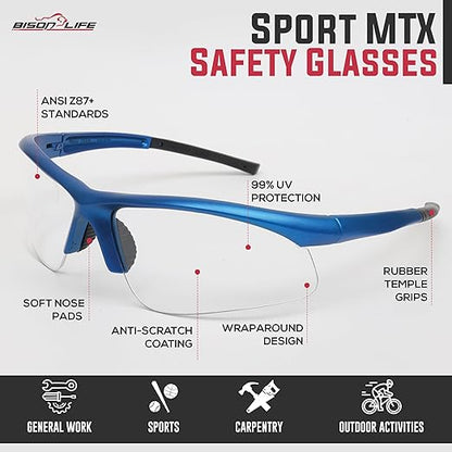 MTX Clear Safety Glasses with Blue Temple, ANSI Z87+, Impact Resistant, Anti-Scratch UV Protection Lens for Shooting, Yard Work, Cycling, and Outdoor Activities (1 Pack)