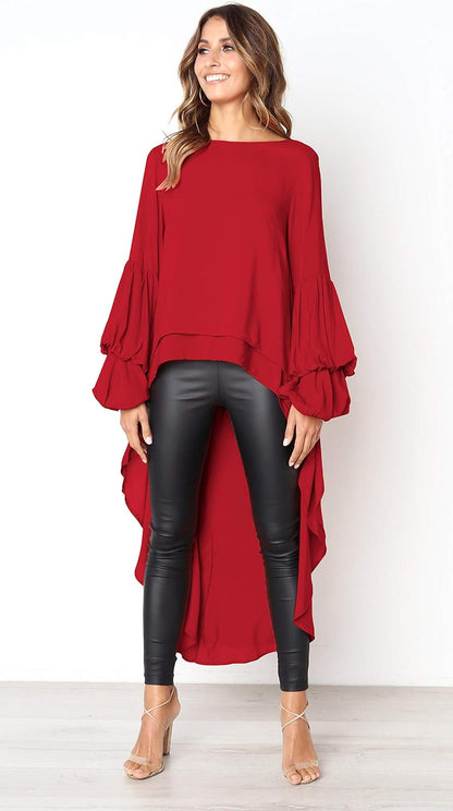 PRETTYGARDEN Women's Lantern Long Sleeve Round Neck High Low Asymmetrical Irregular Hem Casual Tops Blouse Shirt Dress