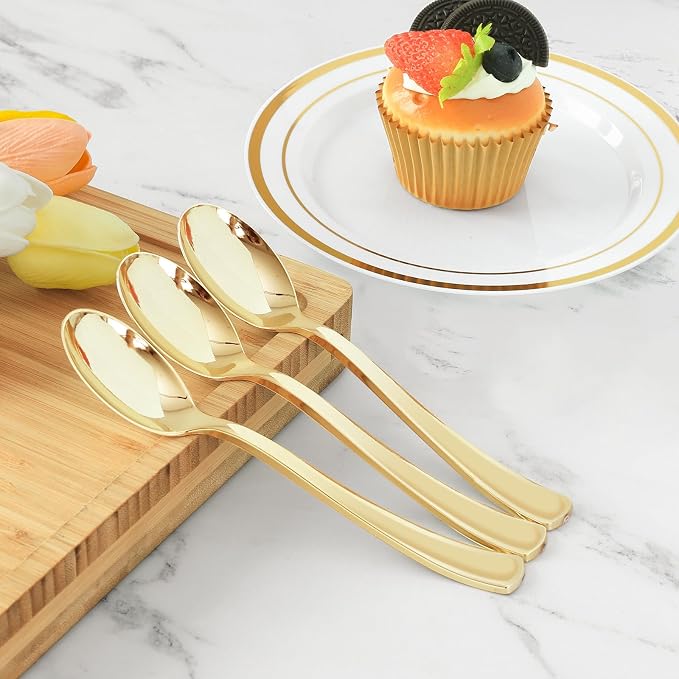 25 Pack 6.9 Inch Gold Plastic Spoons, Heavy Duty Plastic Silverware, Heavyweight Gold Disposable Spoons, Disposable Serving Utensils for Catering, Parties, Dinners, Weddings, Christmas