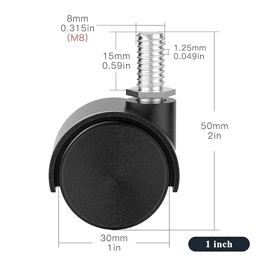 1 Inch Plastic Casters Set of 4, M8 Stem Nylon Furniture Wheel Replacement, Threaded Stem Swivel Cart Wheels, Workbench Small Casters (Black)