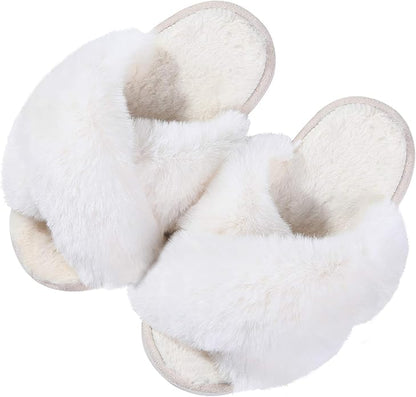 Girl's Soft Plush Lightweight House Slippers Non Slip Cross Band Slip on Open Toe Cozy Indoor Outdoor Slippers