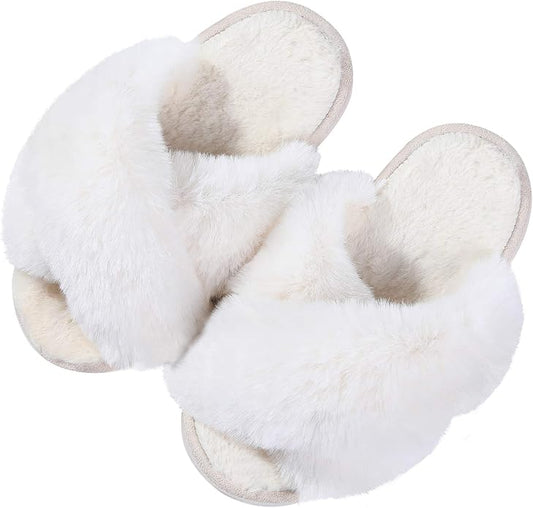 Girl's Soft Plush Lightweight House Slippers Non Slip Cross Band Slip on Open Toe Cozy Indoor Outdoor Slippers