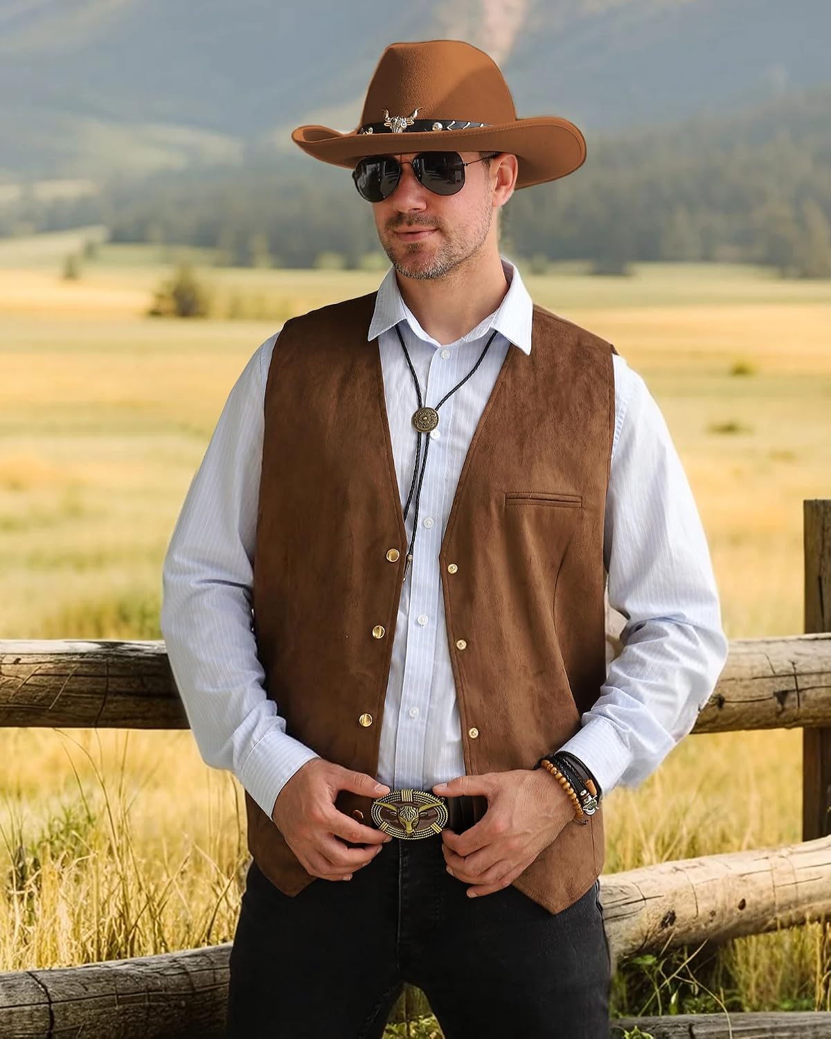 3 PCS Cowboy Outfit for Men, Western Cowboy Costume Vest, Men Cowboy Costume with Western Belt Necktie for Halloween Party