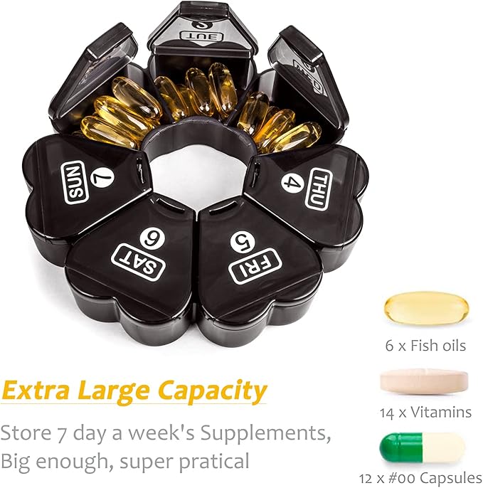 Large Pill Organizer 7 Day, Remtise Portable Daily Pill Cases Medicine Organizer, Weekly Pill Box for PillsVitaminFish OilSupplements and Medication (Black)