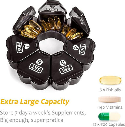 Large Pill Organizer 7 Day, Remtise Portable Daily Pill Cases Medicine Organizer, Weekly Pill Box for PillsVitaminFish OilSupplements and Medication (Black)
