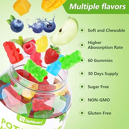 Potassium Magnesium Supplement Gummies for Adults Kids, Sugar-Free Potassium Gummies Supports Leg Cramps  Muscle  Immune Health, High Absorption Vegan Magnesium Gummies 5 Fruit Flavor 60 Cts