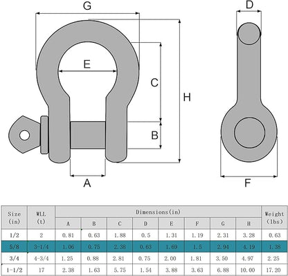 Leero 58" D Ring Shackles, 3.25 tons (7,165 Lbs) Working Load Limit, Clevis Shackle with 34" Alloy Screw Pin, Heavy Duty Shackles for Towing, Terrain Vehicle, Jeep, Trailer, Blue (4 Pack)