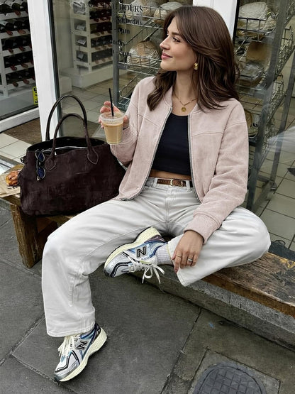 Women's Faux Suede Bomber Jackets Fall Fashion Outfits Winter Clothes Stand Collar Zip Up Coats Outwear