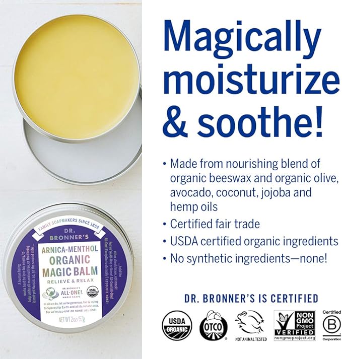 Dr. Bronner's - Organic Magic Balm (Arnica-Menthol, 2 Ounce) - Made with Organic Beeswax and Organic Hemp Oil, Relieves and Relaxes Sore Muscles and Achy Joints, Moisturizes and Soothes Dry Skin