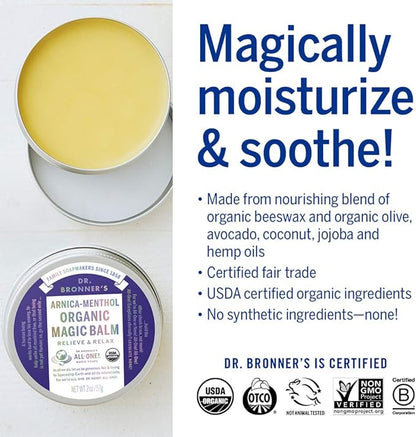 Dr. Bronner's - Organic Magic Balm (Arnica-Menthol, 2 Ounce) - Made with Organic Beeswax and Organic Hemp Oil, Relieves and Relaxes Sore Muscles and Achy Joints, Moisturizes and Soothes Dry Skin