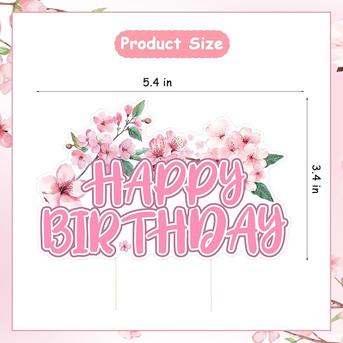 Cherry Blossom Happy Birthday Cake Topper, Japanese Sakura Cake Pick Decoration for Girls Women Birthday Party Supplies