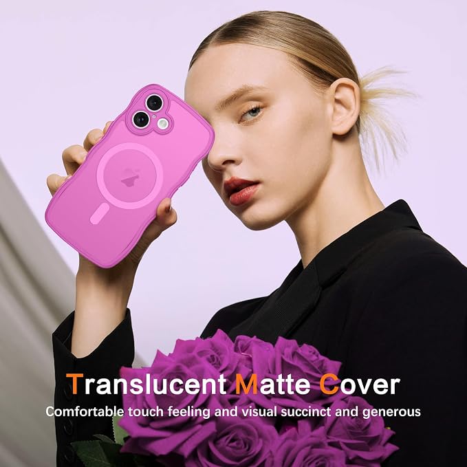 BENTOBEN Magnetic for iPhone 16 Case, Cute Wavy [Full Camera Protection][Compatible with MagSafe] Matte Anti-Slip Bumper Women Girls Boys Protective Phone Case for iPhone 16 6.3", Berry Pink