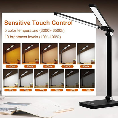 NUNET LED Desk Lamps for Home Office,Piano Lamp for Upright Piano,Rotatable Aluminum Desk Lamps with USB Charging Port,Eye-Caring Reading Light (Glossy Black)