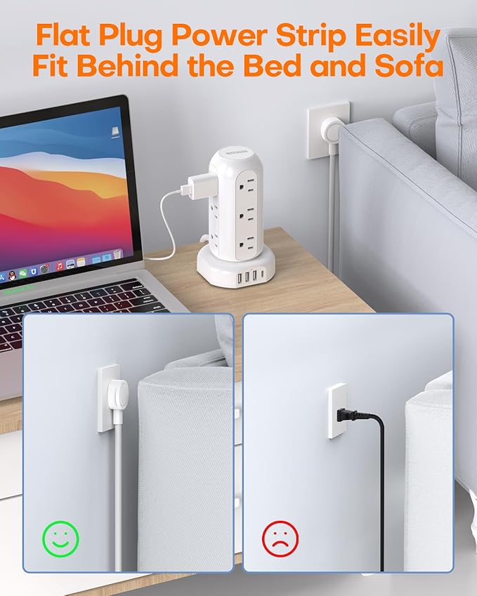 Power Strip Tower PD 20W 12 Outlets and 4 USB Ports Flat Plug Surge Protector with (1 USB C PD 20W) 6.5FT (13A) Travel Power Strip with USB Ports for Home Office Supplies