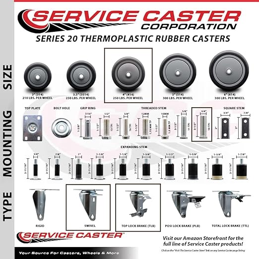 Thermoplastic Rubber Swivel Threaded Stem Caster - 4" x 1.25" Gray Wheel and 34" Stem  Top Locking Brake - 250 lbs CapacityCaster - Service Caster Brand
