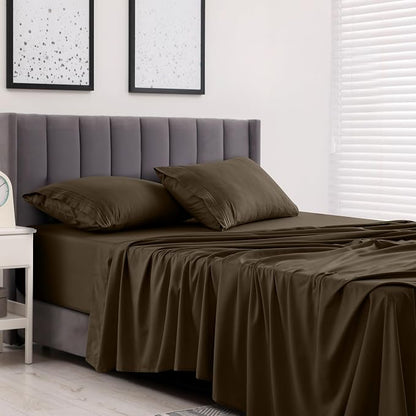 LUX Décor Queen Sheet Set - 4 Piece Ultra-Soft Microfiber Bed Sheets with Flat Sheet, 16 Inches Deep Pocket Fitted Sheet & Pillowcases, Cooling & Breathable, Hotel Luxury, Oeko-TEX - Brown