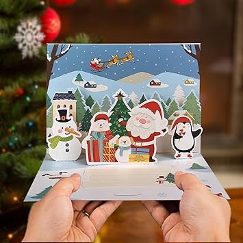 3D Christmas Pop Up Card 3D Cute Holiday Greeting Cards Santa Snowman Gift For Christmas or Holidays Set Includes Card Envelope and Sticker