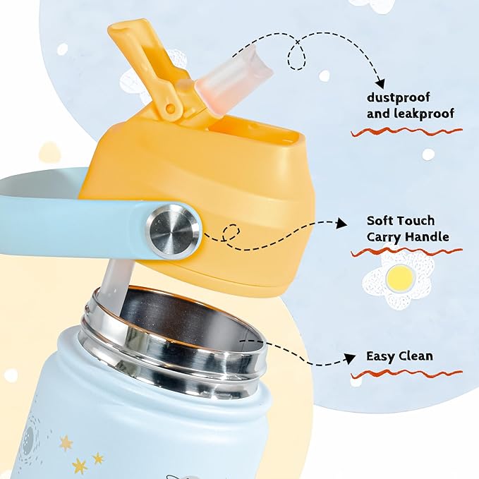 AGH 12oz Stainless Steel Kids Water Bottle with Straw,Double Wall Vacuum Tumbler for Traveling or School - White