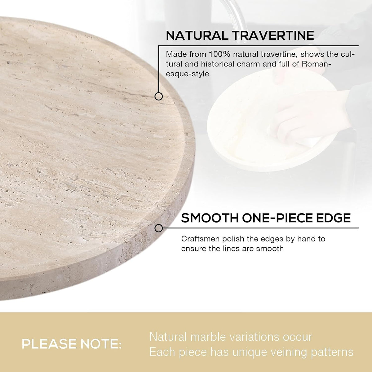Natural Travertine Tray for Home Decor, 10 Inch Round Serving Tray for Kitchen and Coffee Table, Decorative Marble Bathroom Trays for Counter, Luxury Vanity Tray, Light Beige Stone Tray